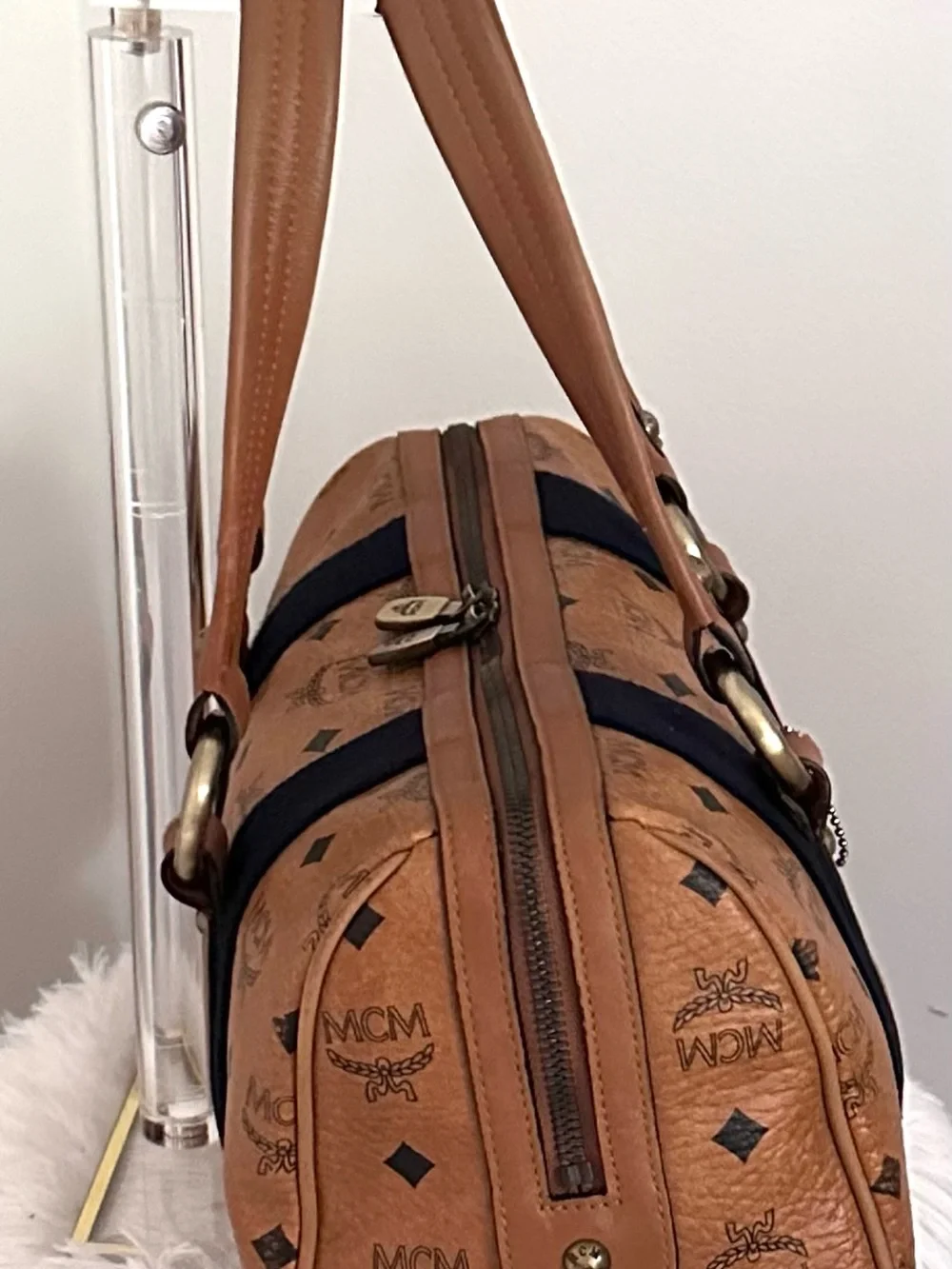 MCM Cognac Visetos Logo Boston Satchel with Black Trim & Charm